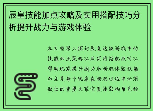 辰皇技能加点攻略及实用搭配技巧分析提升战力与游戏体验