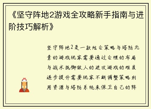 《坚守阵地2游戏全攻略新手指南与进阶技巧解析》